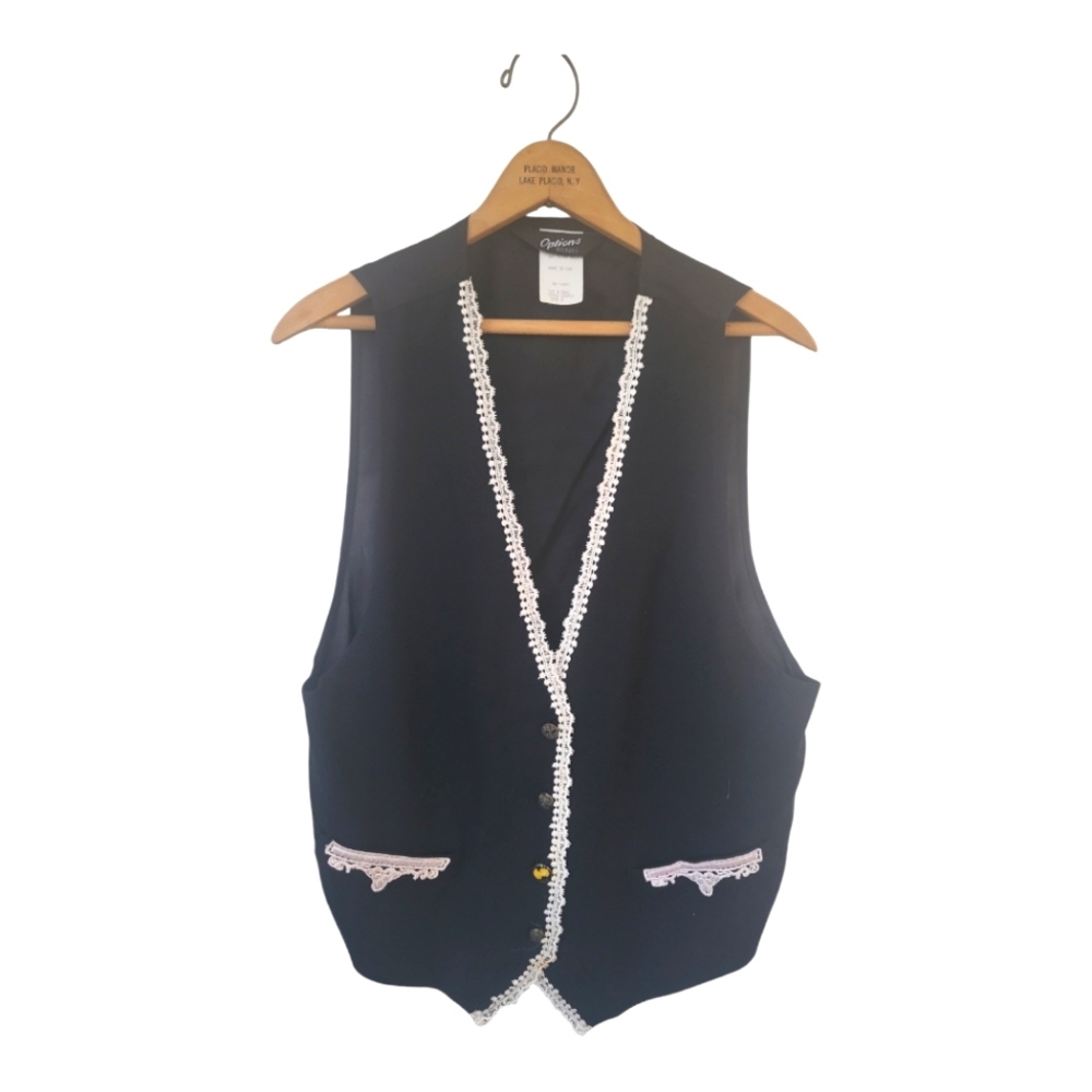 Vintage 80's Options Melrose Black & Cream Lace Trim Vest M